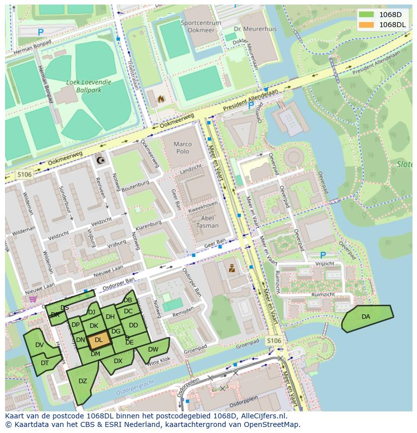 Afbeelding van het postcodegebied 1068 DL op de kaart.