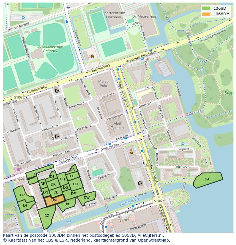 Afbeelding van het postcodegebied 1068 DM op de kaart.