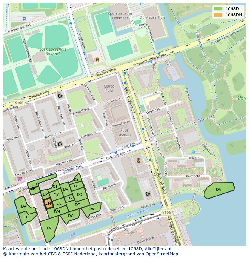 Afbeelding van het postcodegebied 1068 DN op de kaart.