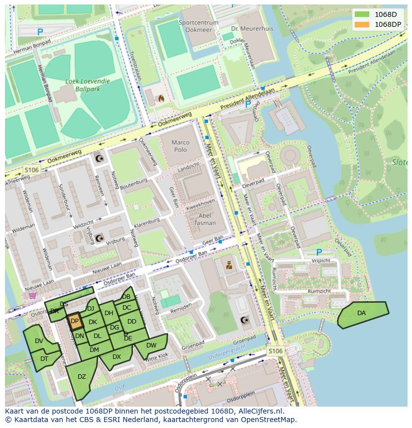 Afbeelding van het postcodegebied 1068 DP op de kaart.