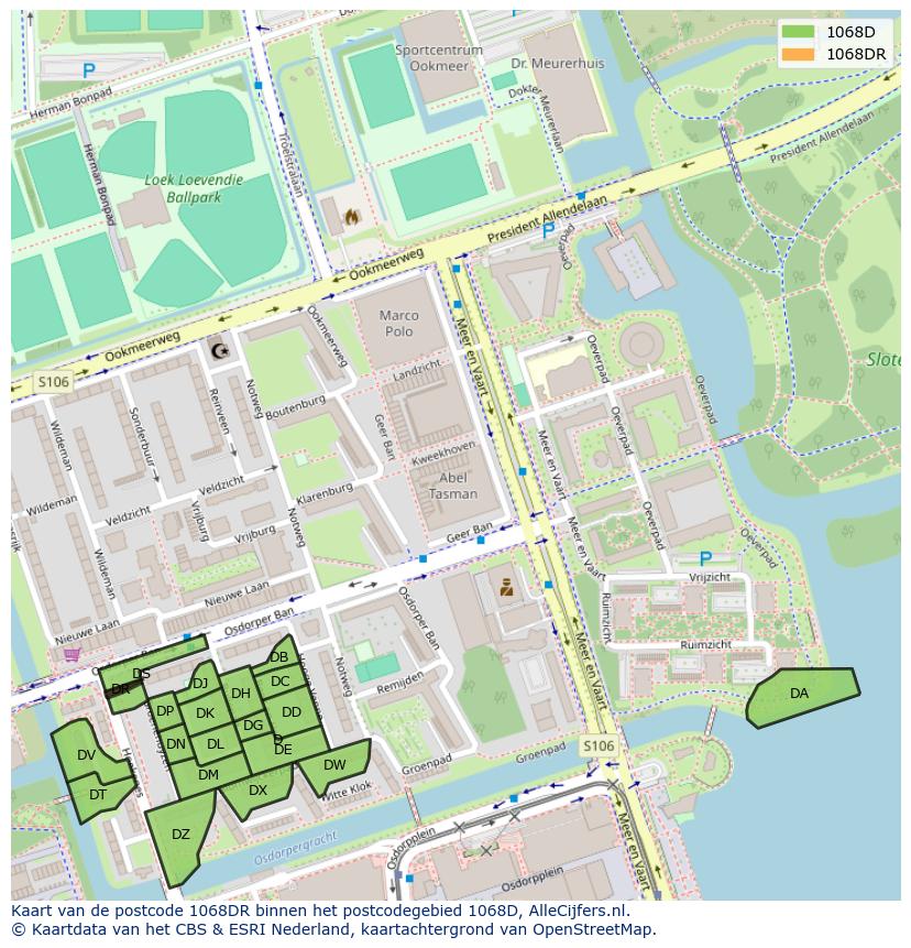 Afbeelding van het postcodegebied 1068 DR op de kaart.