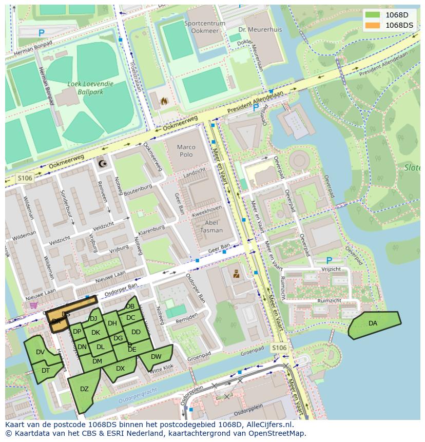 Afbeelding van het postcodegebied 1068 DS op de kaart.