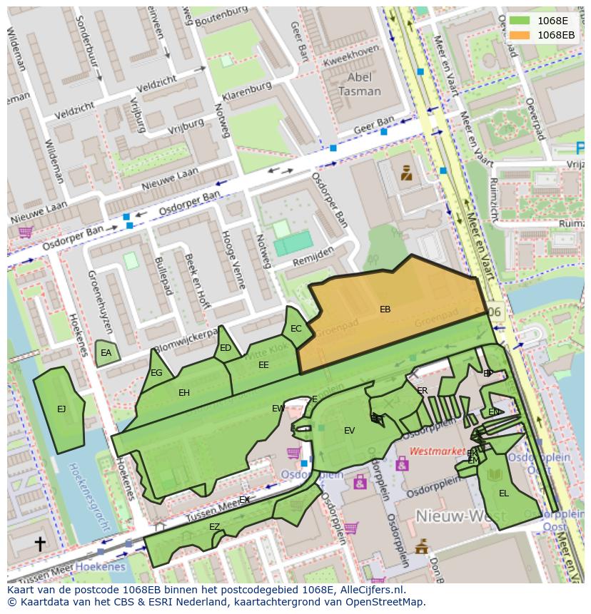Afbeelding van het postcodegebied 1068 EB op de kaart.