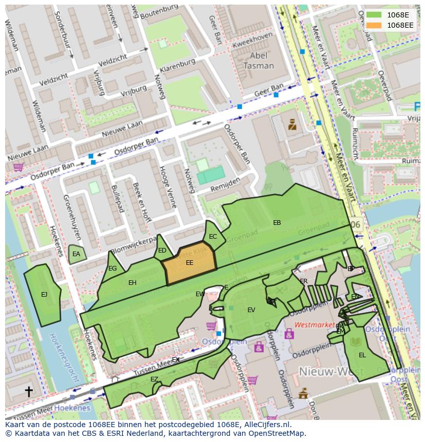 Afbeelding van het postcodegebied 1068 EE op de kaart.