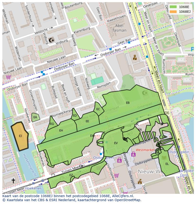 Afbeelding van het postcodegebied 1068 EJ op de kaart.