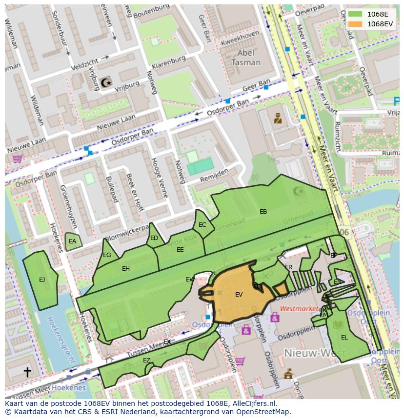Afbeelding van het postcodegebied 1068 EV op de kaart.