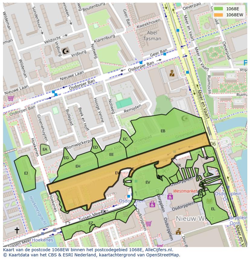 Afbeelding van het postcodegebied 1068 EW op de kaart.