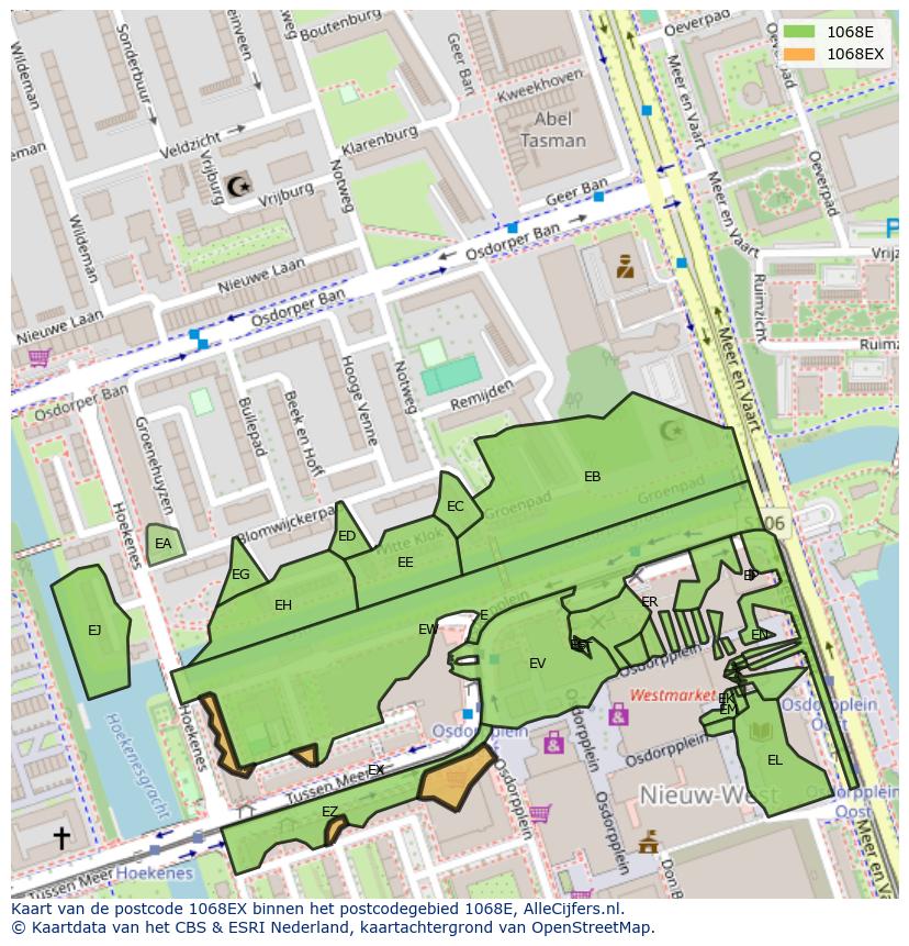 Afbeelding van het postcodegebied 1068 EX op de kaart.