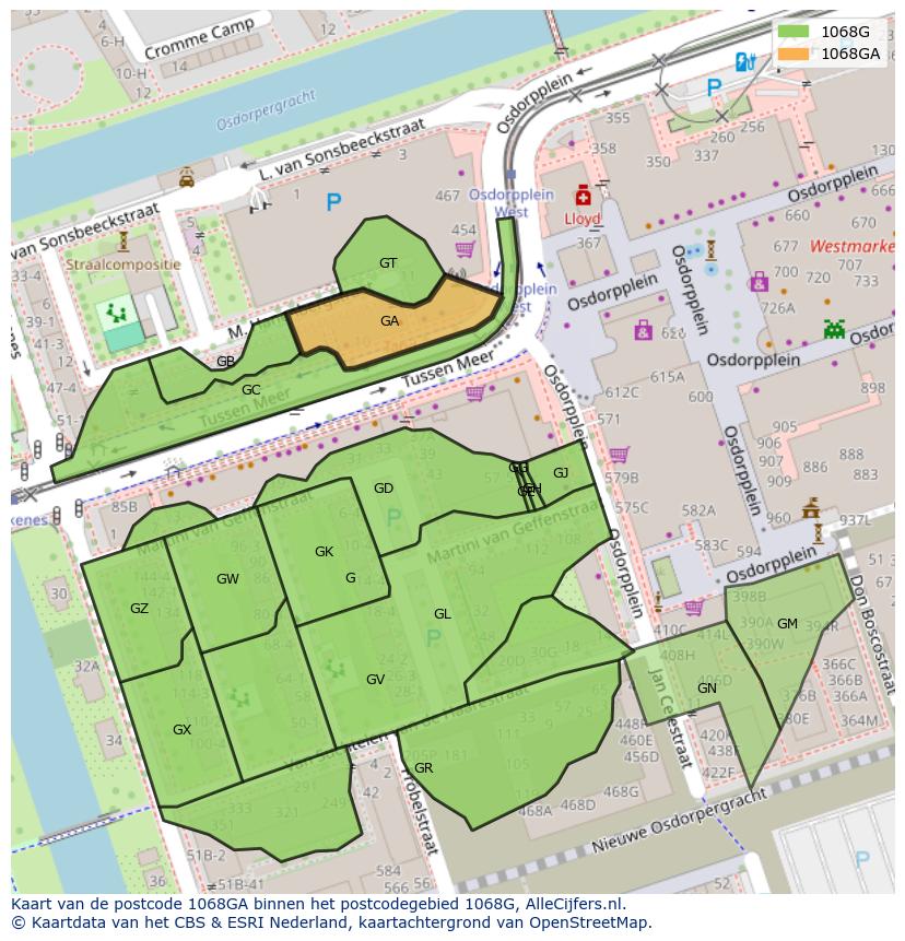 Afbeelding van het postcodegebied 1068 GA op de kaart.