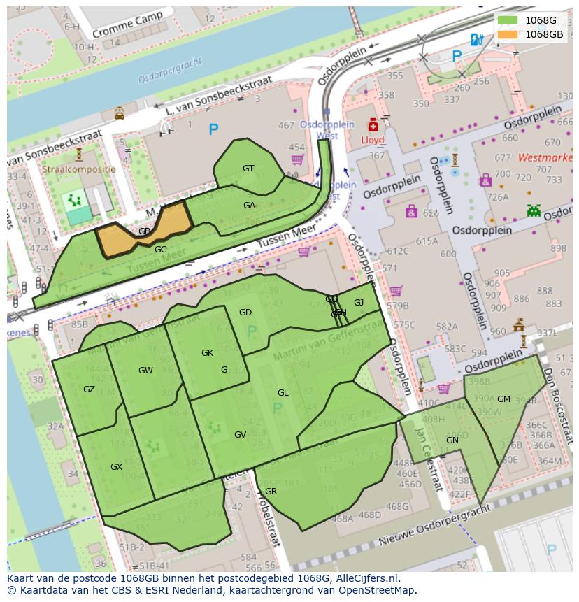 Afbeelding van het postcodegebied 1068 GB op de kaart.