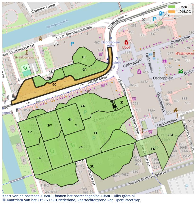 Afbeelding van het postcodegebied 1068 GC op de kaart.