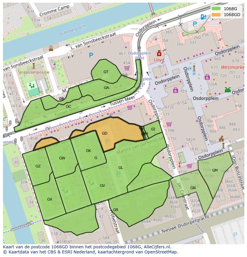 Afbeelding van het postcodegebied 1068 GD op de kaart.