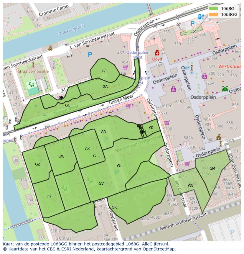 Afbeelding van het postcodegebied 1068 GG op de kaart.