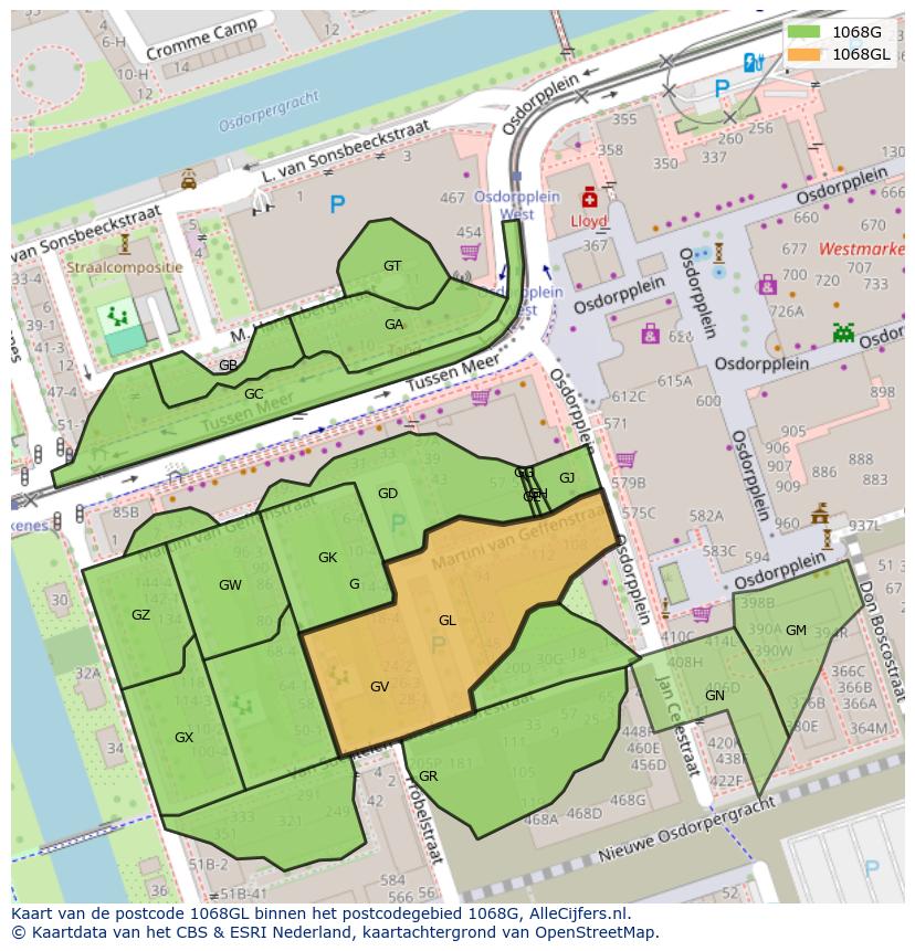Afbeelding van het postcodegebied 1068 GL op de kaart.