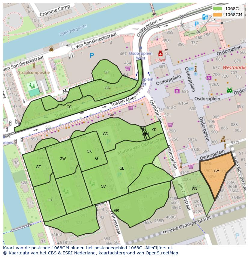 Afbeelding van het postcodegebied 1068 GM op de kaart.