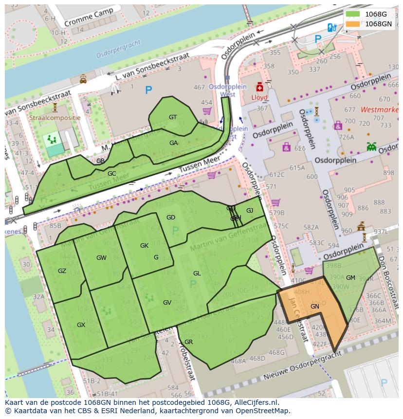 Afbeelding van het postcodegebied 1068 GN op de kaart.