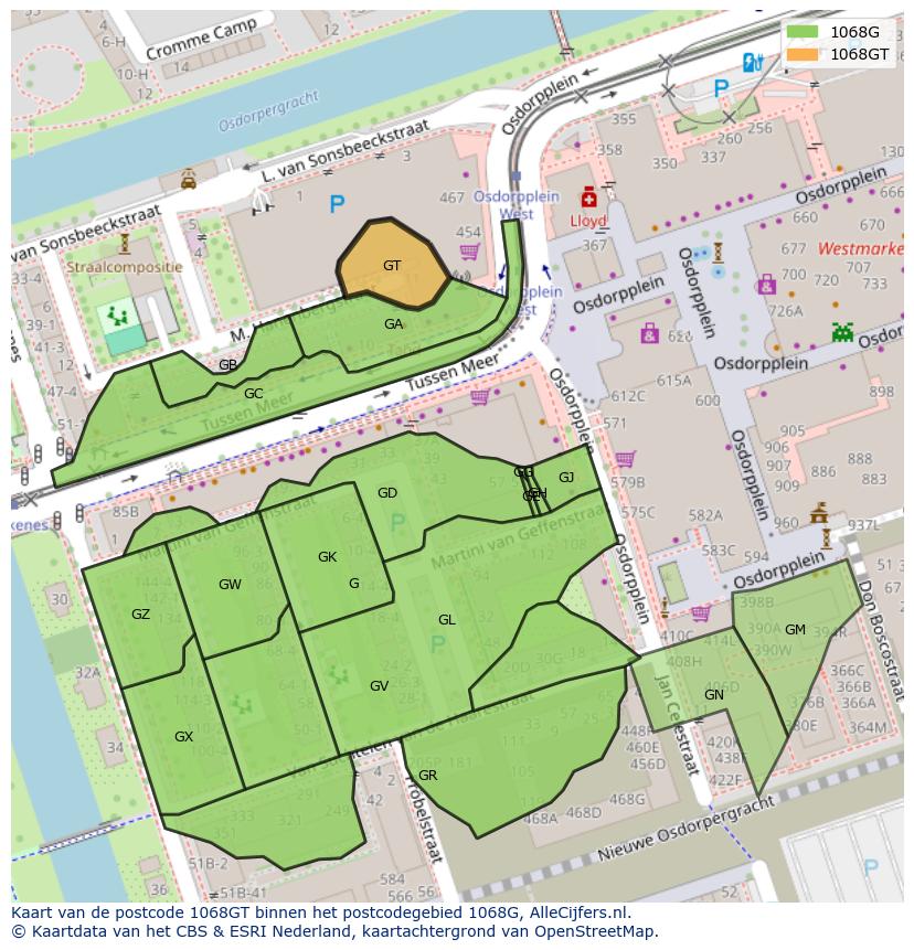 Afbeelding van het postcodegebied 1068 GT op de kaart.