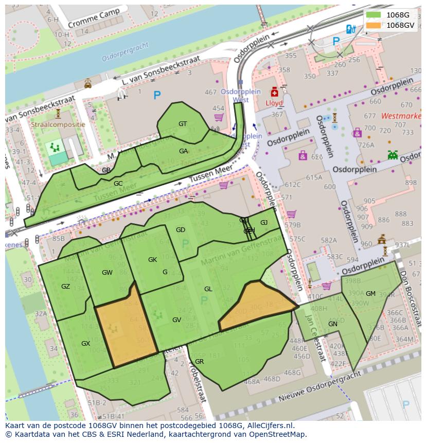 Afbeelding van het postcodegebied 1068 GV op de kaart.