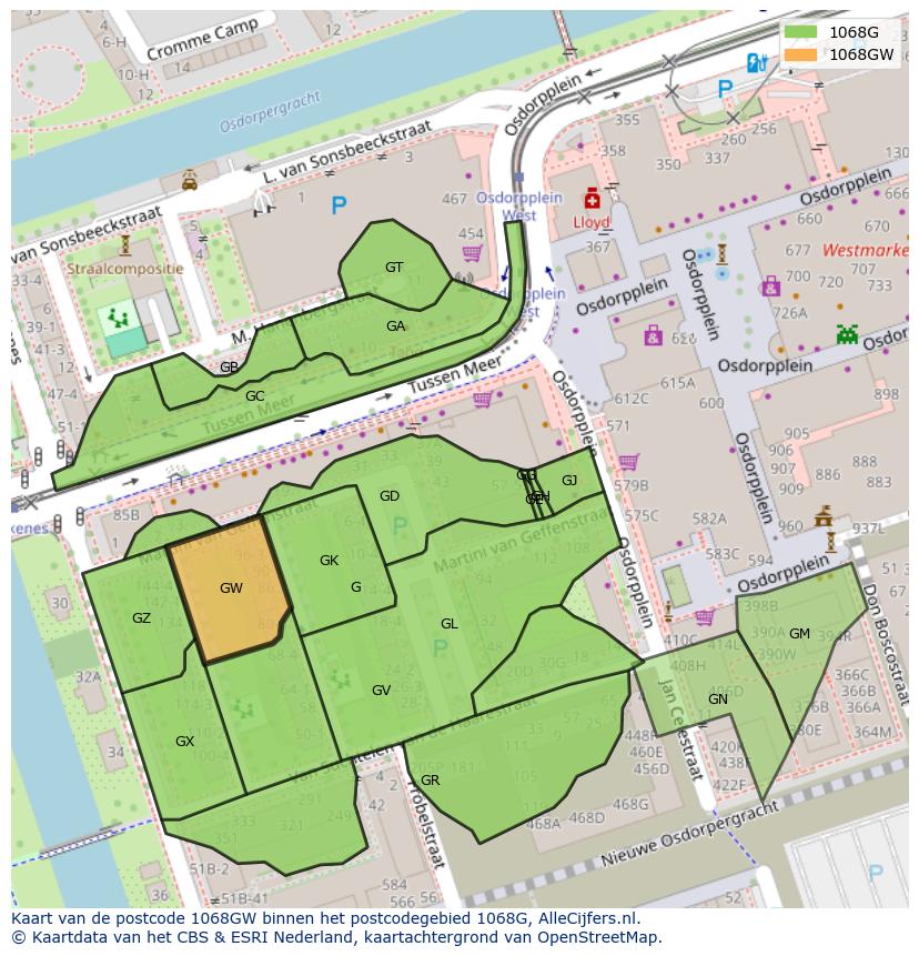 Afbeelding van het postcodegebied 1068 GW op de kaart.