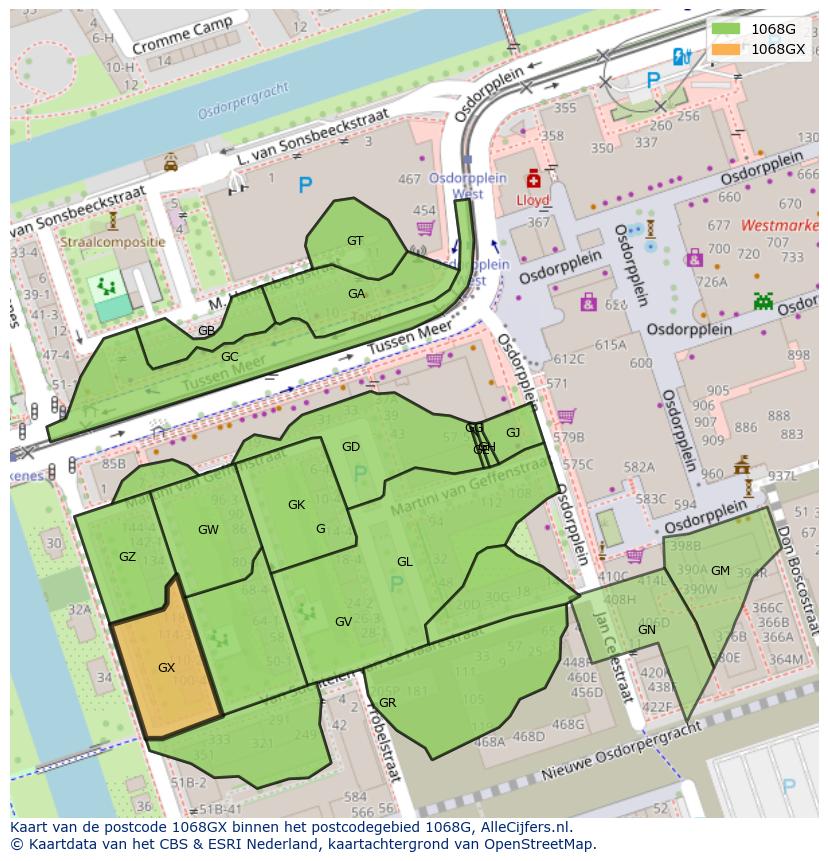 Afbeelding van het postcodegebied 1068 GX op de kaart.
