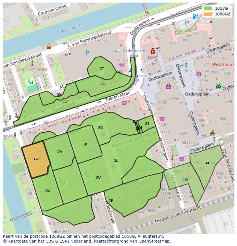 Afbeelding van het postcodegebied 1068 GZ op de kaart.