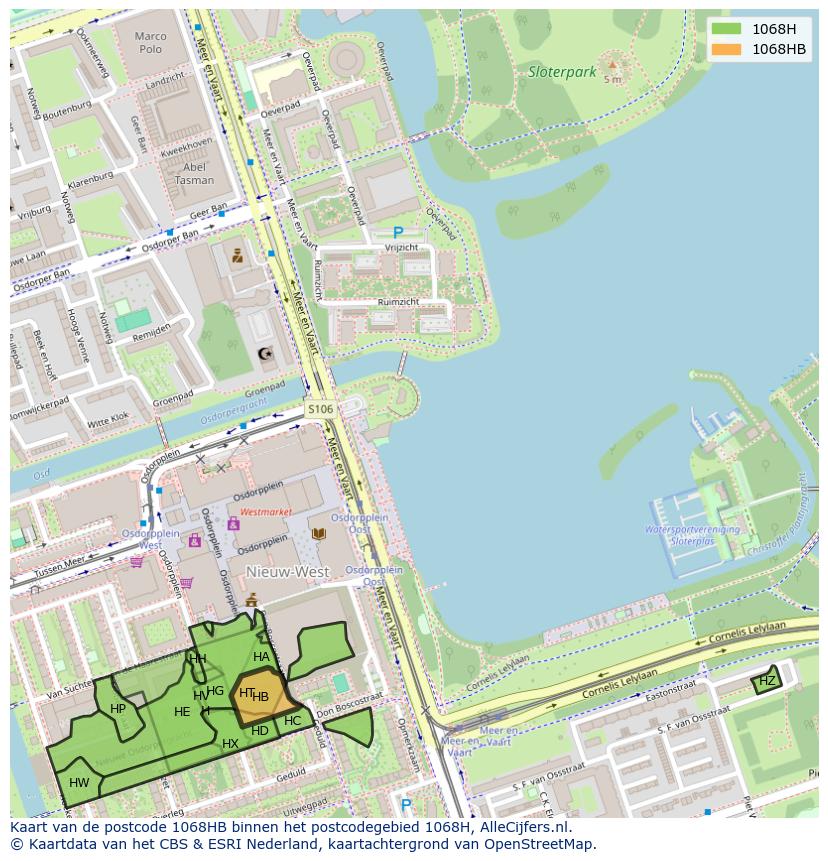 Afbeelding van het postcodegebied 1068 HB op de kaart.