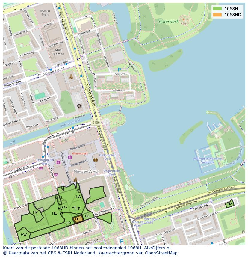 Afbeelding van het postcodegebied 1068 HD op de kaart.