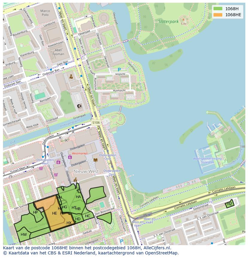 Afbeelding van het postcodegebied 1068 HE op de kaart.