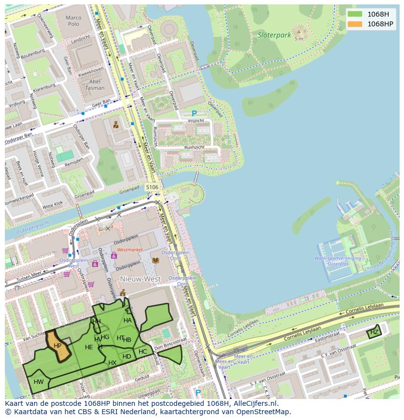 Afbeelding van het postcodegebied 1068 HP op de kaart.