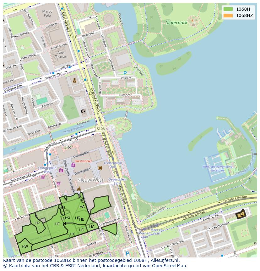 Afbeelding van het postcodegebied 1068 HZ op de kaart.