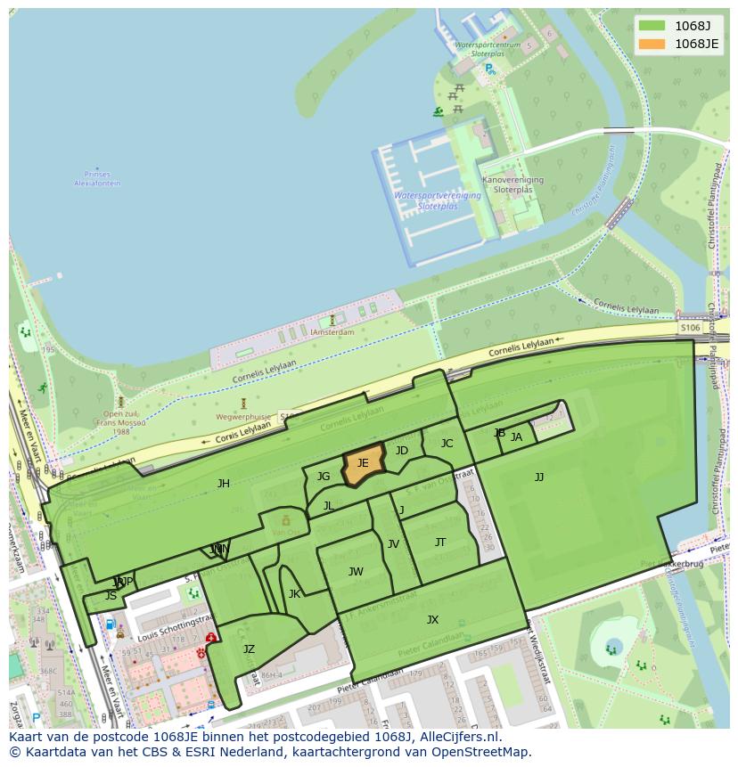 Afbeelding van het postcodegebied 1068 JE op de kaart.