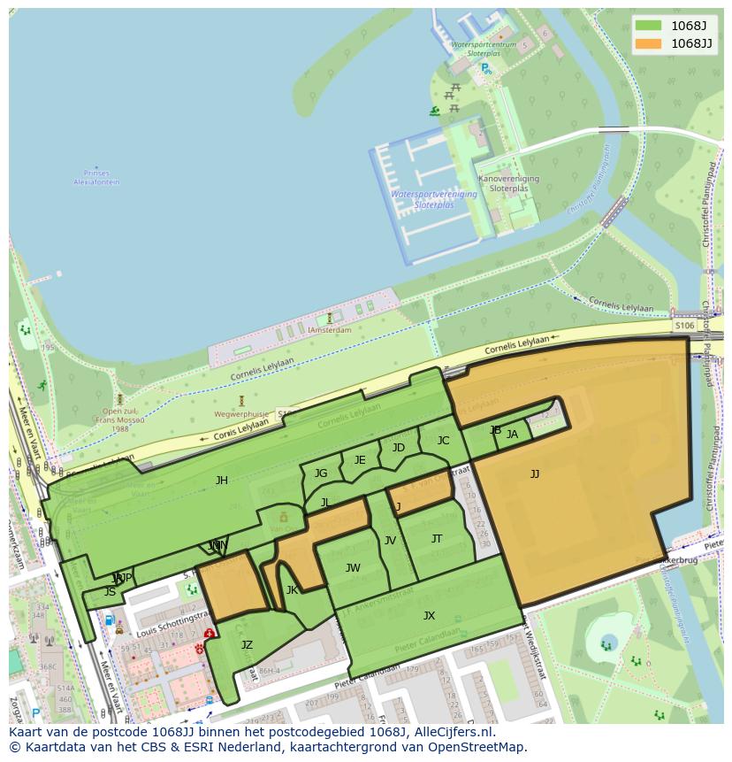 Afbeelding van het postcodegebied 1068 JJ op de kaart.