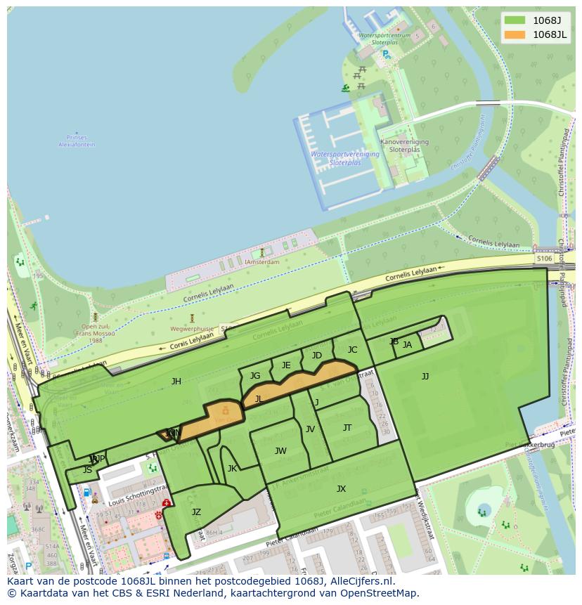 Afbeelding van het postcodegebied 1068 JL op de kaart.