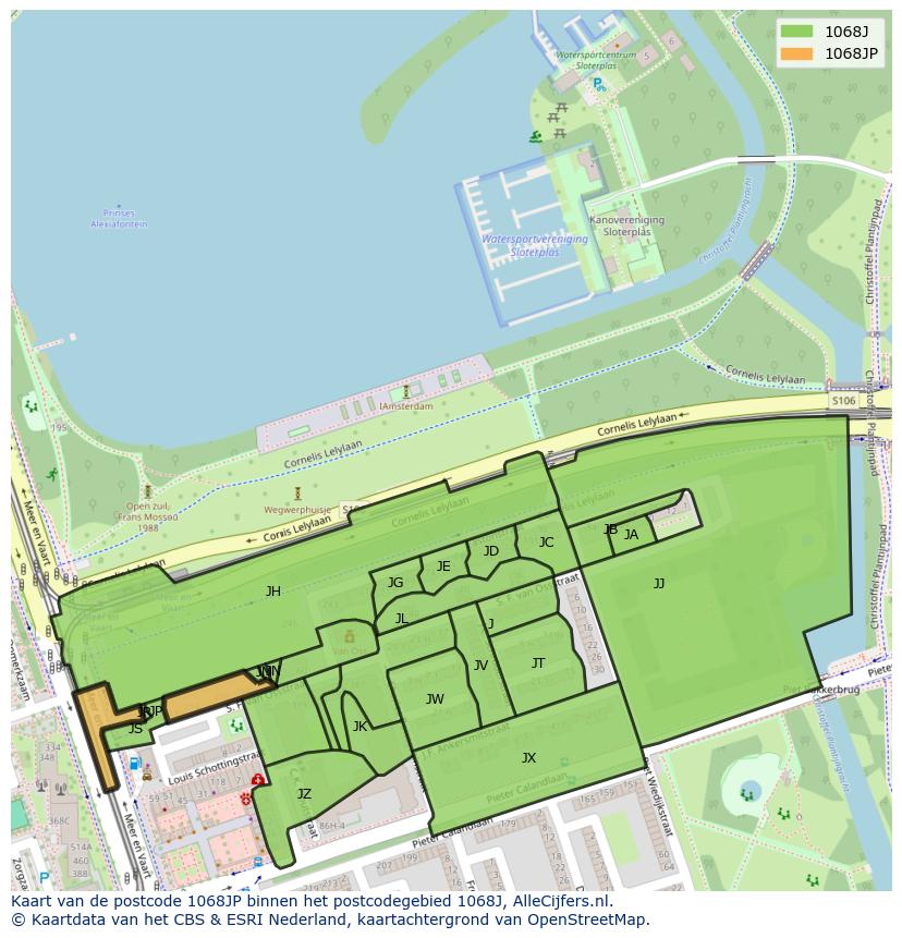 Afbeelding van het postcodegebied 1068 JP op de kaart.
