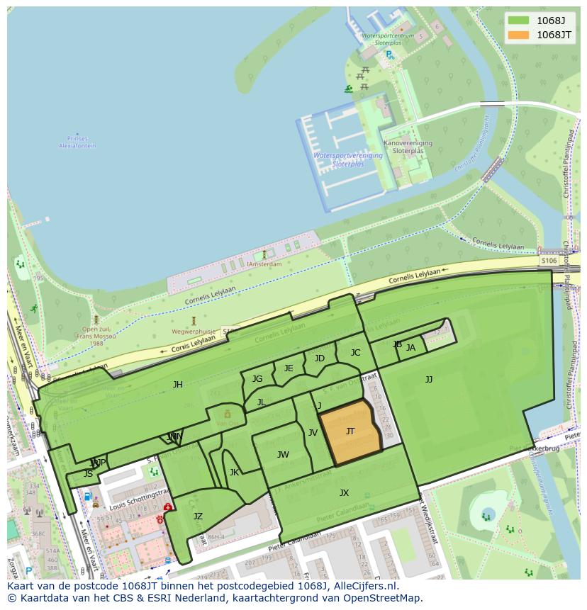Afbeelding van het postcodegebied 1068 JT op de kaart.
