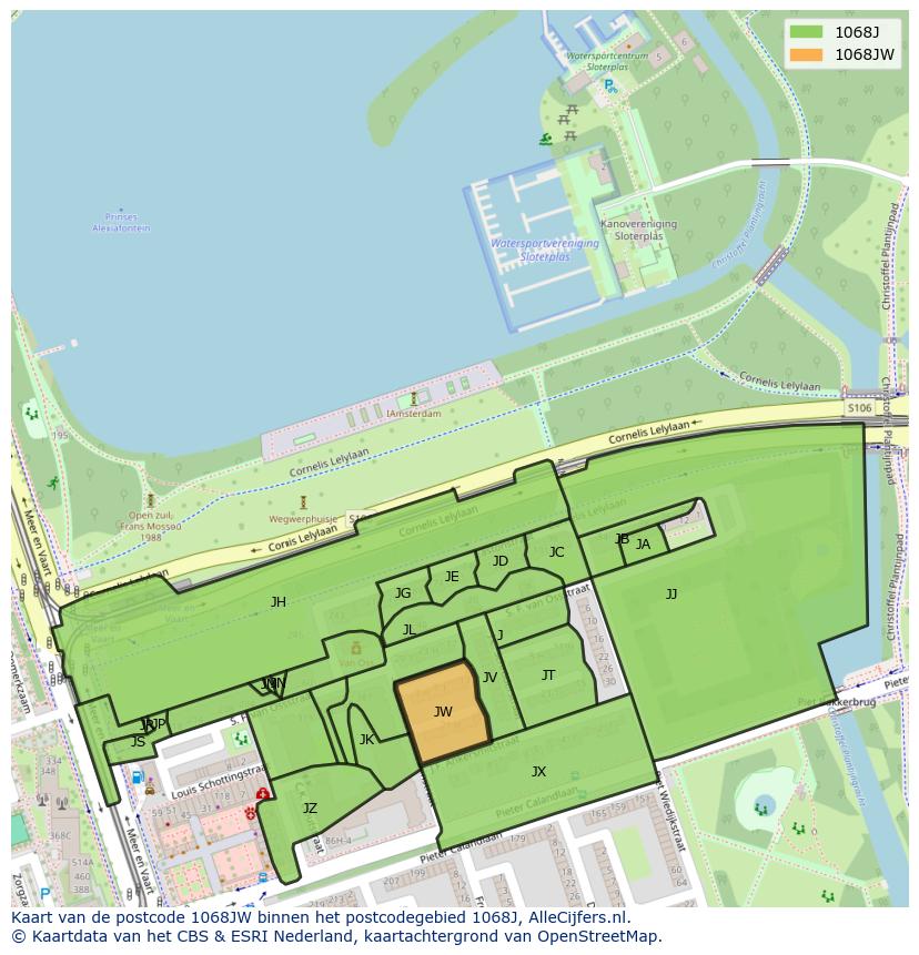 Afbeelding van het postcodegebied 1068 JW op de kaart.