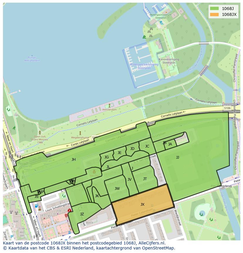 Afbeelding van het postcodegebied 1068 JX op de kaart.