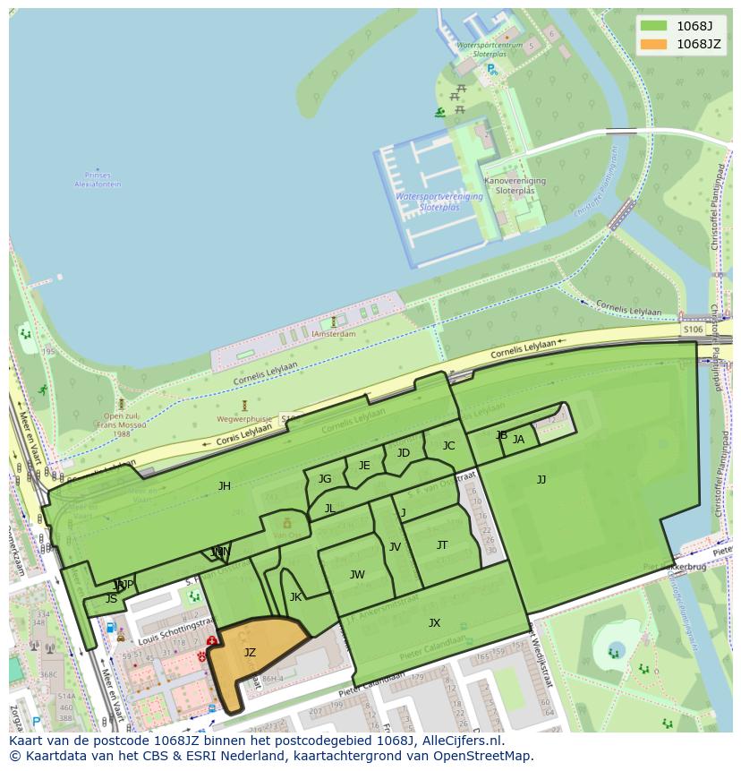 Afbeelding van het postcodegebied 1068 JZ op de kaart.