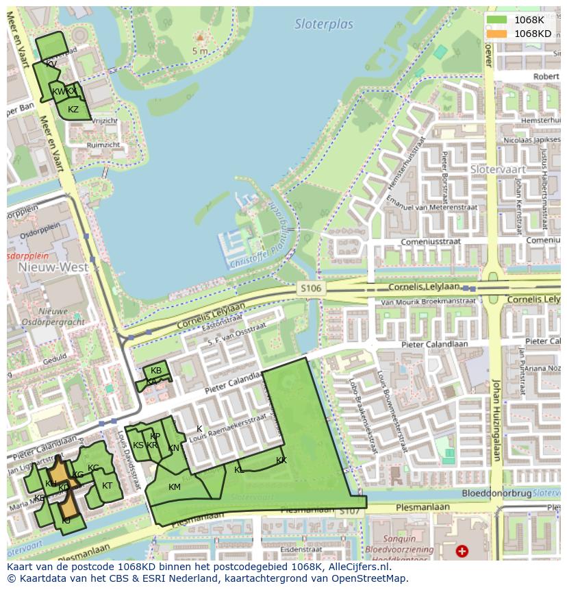 Afbeelding van het postcodegebied 1068 KD op de kaart.