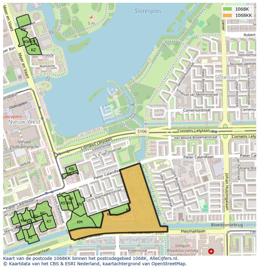 Afbeelding van het postcodegebied 1068 KK op de kaart.