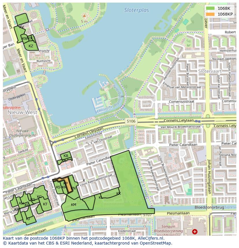 Afbeelding van het postcodegebied 1068 KP op de kaart.