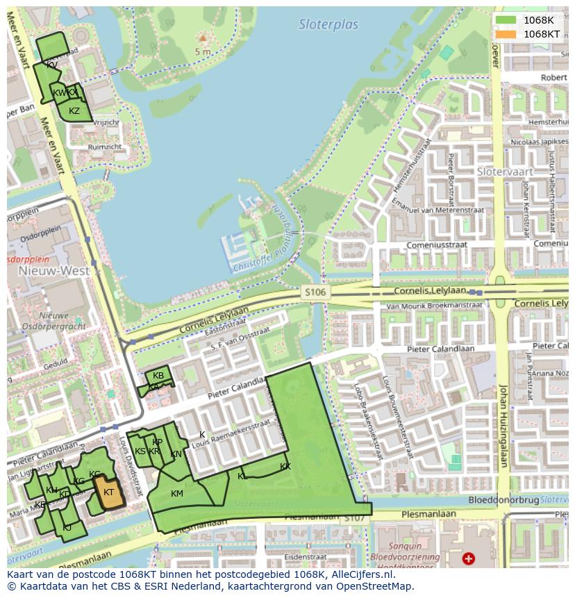 Afbeelding van het postcodegebied 1068 KT op de kaart.