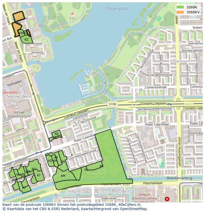 Afbeelding van het postcodegebied 1068 KV op de kaart.