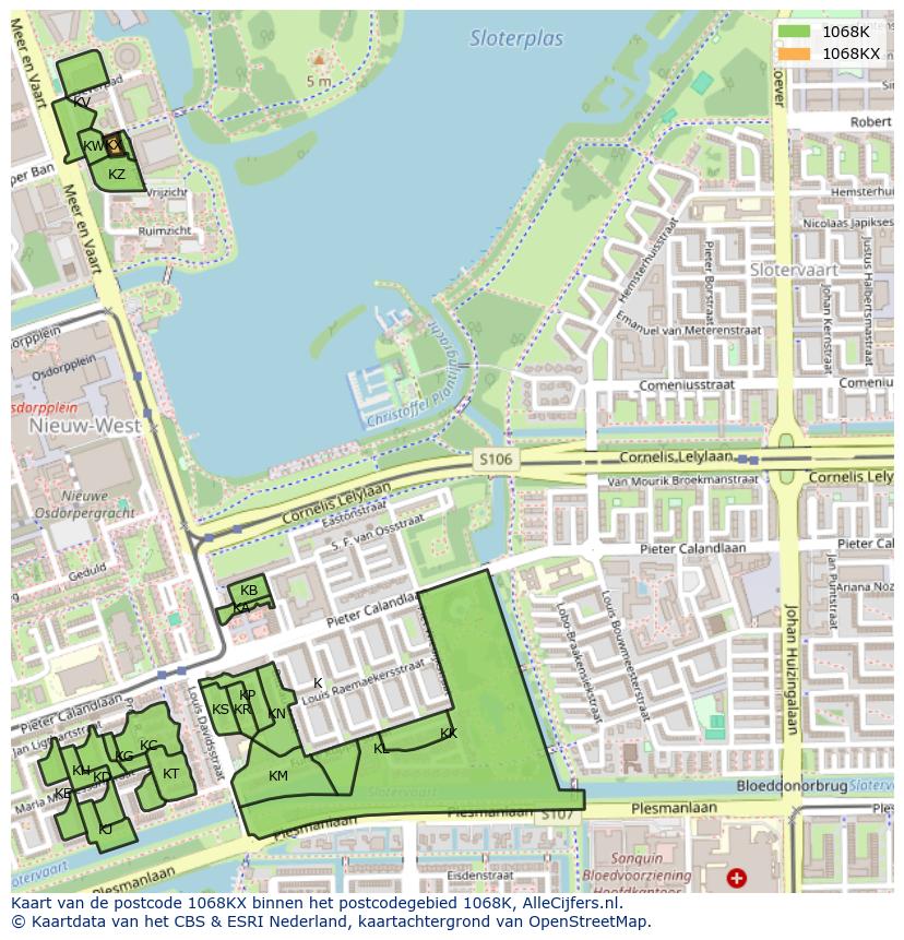 Afbeelding van het postcodegebied 1068 KX op de kaart.