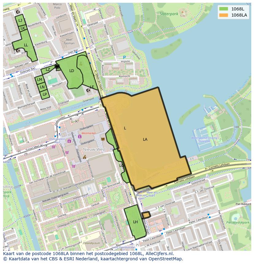 Afbeelding van het postcodegebied 1068 LA op de kaart.