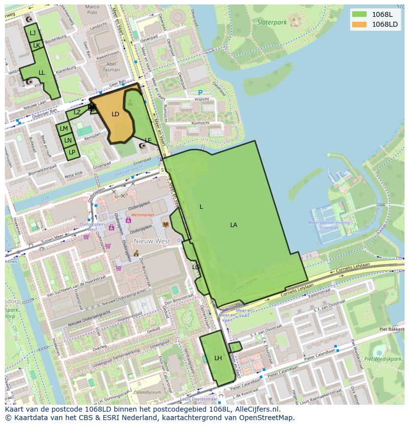 Afbeelding van het postcodegebied 1068 LD op de kaart.