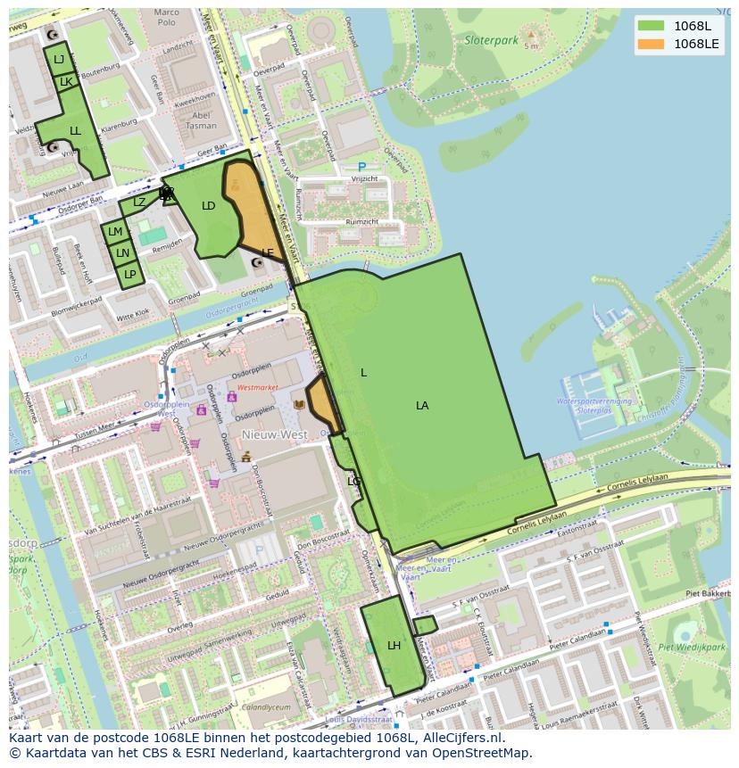 Afbeelding van het postcodegebied 1068 LE op de kaart.