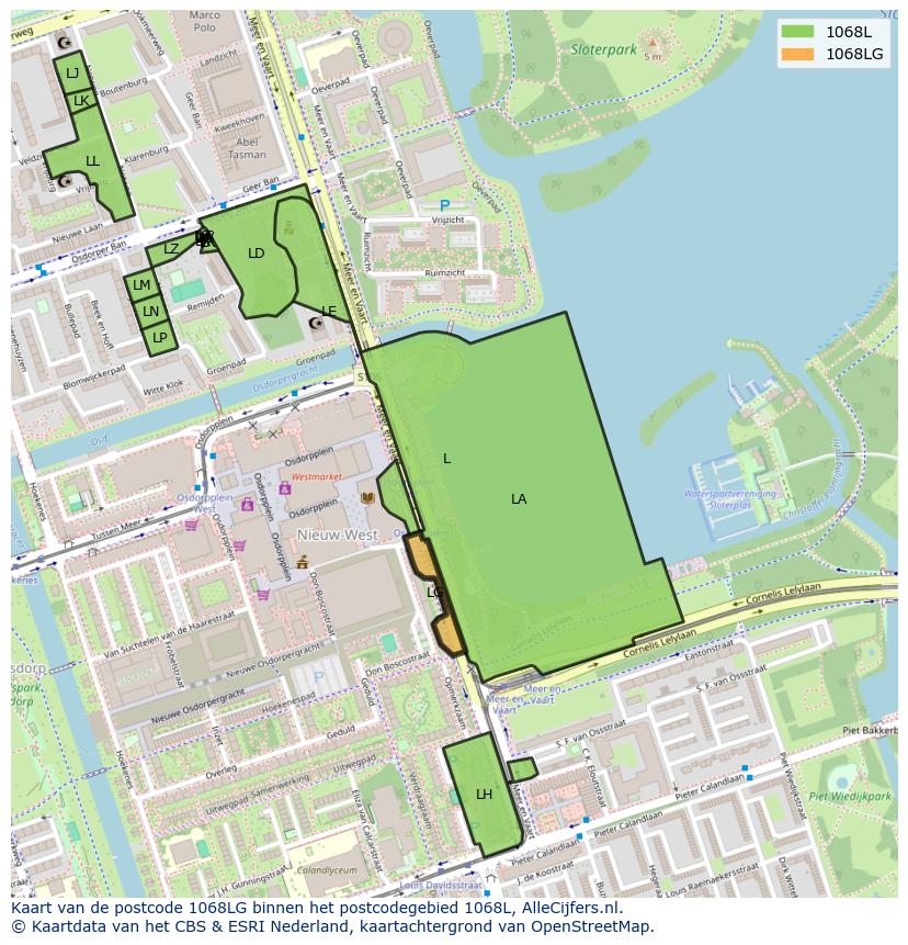 Afbeelding van het postcodegebied 1068 LG op de kaart.