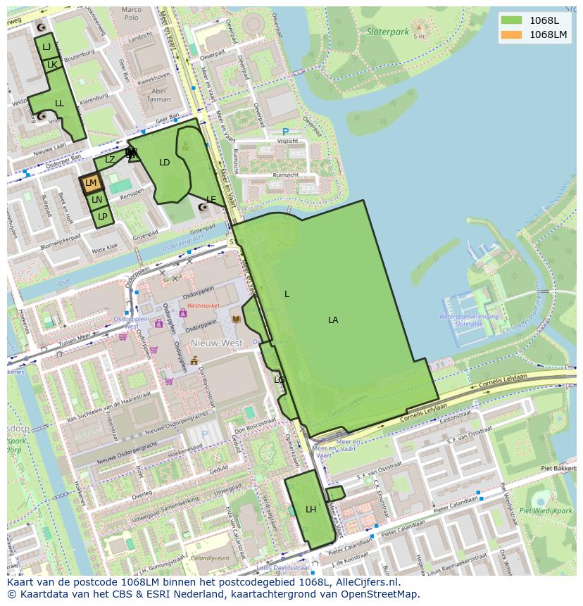 Afbeelding van het postcodegebied 1068 LM op de kaart.