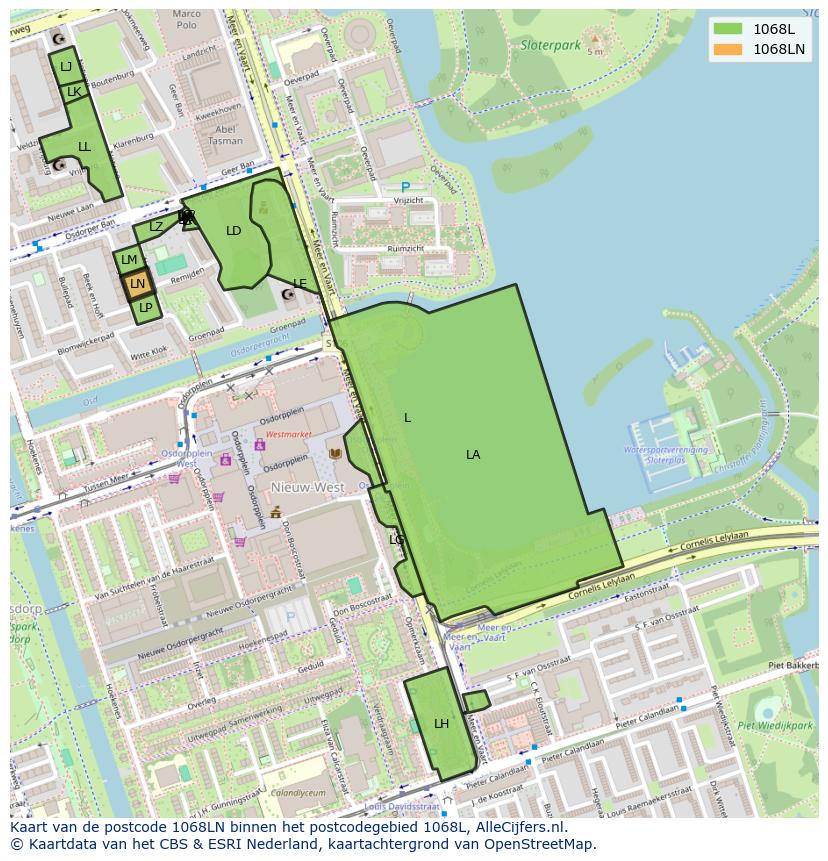 Afbeelding van het postcodegebied 1068 LN op de kaart.